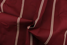 Load image into Gallery viewer,  This fabric features a stripe design in burgundy and light beige. 
