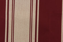 Load image into Gallery viewer, This  fabric features a stripe design in burgundy and light beige.
