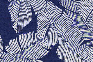 This multi use fabric features a large tropical leaf design in navy blue and white.  It is perfect for outdoor settings or indoors in a sunny room.  It is stain and water resistant and can withstand up to 500 hours of direct sun exposure and has a durability rating of 10,000 double rubs.  Uses include decorative pillows, cushions, chair pads, tote bags and upholstery.