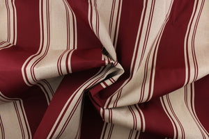 This  fabric features a stripe design in burgundy and light beige.