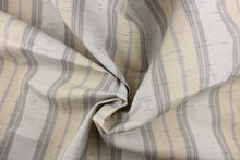 Load image into Gallery viewer,  This  fabric features a stripe design  in gray, white, light khaki, and black. 
