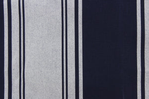 This fabric features a stripe design in navy blue and dull white.