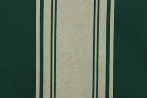  This fabric features a stripe design in a rich green and light beige.