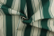 Load image into Gallery viewer,  This fabric features a stripe design in a rich green and light beige.
