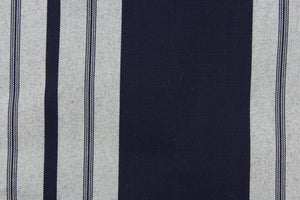 This fabric features a stripe design in navy blue and a dull white.