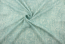 Load image into Gallery viewer, Jumbled is a semi sheer geometrical pattern in blue on a white background.  It can be used for several different statement projects including window accents (drapery, curtains and swags), toss pillows, bed skirts, handbags and duvet covers.  It has a soft workable feel yet is stable and durable.  
