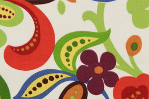 This colorful, multi use fabric features a large floral design in red, orange, blue, green, yellow and purple on a white background.  It is perfect for outdoor settings or indoors in a sunny room.  It is stain and water resistant and can withstand up to 500 hours of direct sun exposure and has a durability rating of 10,000 double rubs.  Uses include decorative pillows, cushions, chair pads, tote bags and upholstery.