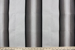  This fabric features a stripe design in varying shades of gray with black.