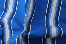 Load image into Gallery viewer, This fabric features a stripe design  in varying shades of blue with white.

