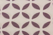 Load image into Gallery viewer,  This sheer fabric features a flower design in plum purple against a pale beige 
