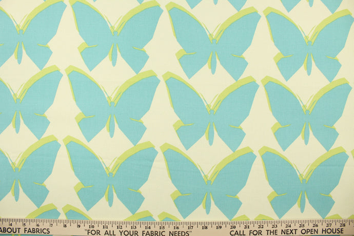 Chambord features screen printed butterflies and their silhouettes in aqua, cream and lime.  It is perfect for window treatments, headboards, bedding, decorative pillows and light duty upholstery applications.  This fabric has a soft workable feel yet is stable and durable with 30,000 double rubs.  