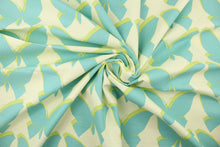 Load image into Gallery viewer, Chambord features screen printed butterflies and their silhouettes in aqua, cream and lime.  It is perfect for window treatments, headboards, bedding, decorative pillows and light duty upholstery applications.  This fabric has a soft workable feel yet is stable and durable with 30,000 double rubs.  
