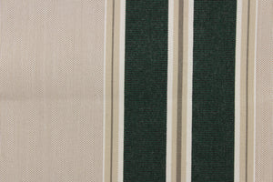 This fabric features a stripe design  in beige, green, white, and a gray taupe.  