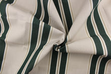 Load image into Gallery viewer, This fabric features a stripe design  in beige, green, white, and a gray taupe.  
