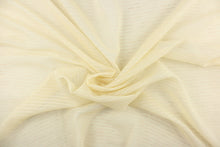 Load image into Gallery viewer, This sheer fabric features a thin stripe design in a pale yellow or cream.
