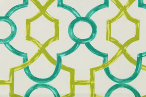 This printed cotton twill fabric features a geometric design in green and teal a white background.  It is perfect for window treatments, decorative pillows, handbags, light duty upholstery applications.  This fabric has a soft workable feel yet is stable and durable with 50,000 double rubs.  
