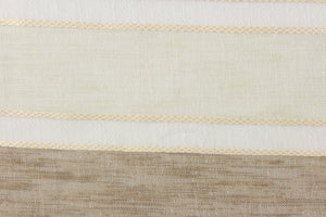 This sheer fabric features a stripe design in white, off white, brown, dull pale green, and cream.