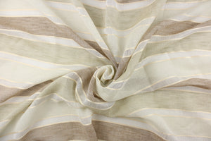 This sheer fabric features a stripe design in white, off white, brown, dull pale green, and cream.