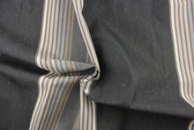 Load image into Gallery viewer, This fabric features a stripe design in gray, taupe, pale beige, dark gray and brown.
