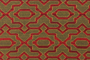 This fabric features a geometric pattern in dark red on a black/gold background.   It is durable and hard wearing and would be great for multi-purpose upholstery, bedding, cornice boards, accent pillows and drapery.  