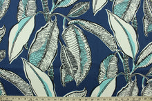 Load image into Gallery viewer, This fabric features a leaf design in dark blue, light turquoise, white, and black. 
