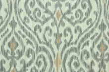 Load image into Gallery viewer, This fabric features a demask design in gray, dull white and nude.
