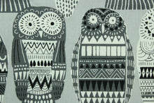 Load image into Gallery viewer,  This fabric features an owl design in varying shades of gray and white.
