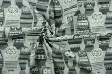 Load image into Gallery viewer,  This fabric features an owl design in varying shades of gray and white.
