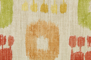 This fabric features a design in orange, lime green, golden yellow, and coral set against a beige background .