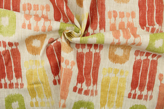 This fabric features a design in orange, lime green, golden yellow, and coral set against a beige background .