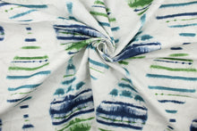 Load image into Gallery viewer, This fabric features a hourglass design in teal, green, dark blue set against a white background .
