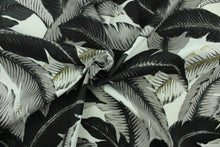 Load image into Gallery viewer, This fabric features palm tree leave design in black, gray, and golden tan set against a white background . 
