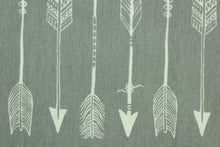 Load image into Gallery viewer,  This fabric features arrow design in white set against a gray background.
