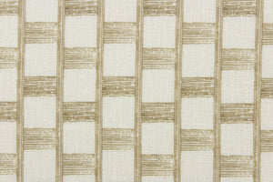 This sheer fabric features a checkered design in a wheat brown against a white background.