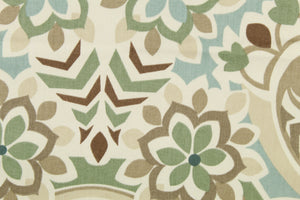 This fabric features a paisley floral design in light blue, moss green, brown, taupe, and pale beige set against a off white. 