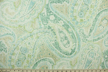 Load image into Gallery viewer, This fabric features a beautiful paisley design in seafoam green, beige, lime green, light blue, and white. 
