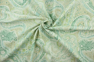 This fabric features a beautiful paisley design in seafoam green, beige, lime green, light blue, and white. 