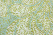 Load image into Gallery viewer,  This fabric features a beautiful demask design in gold, and white against a light blue background.
