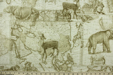 Load image into Gallery viewer, This fabric features a map and animal design in beige, brown, and white.
