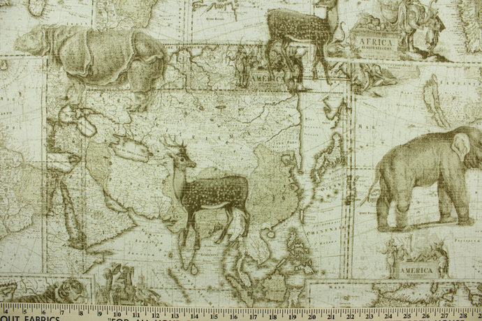 This fabric features a map and animal design in beige, brown, and white.