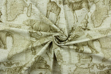 Load image into Gallery viewer, This fabric features a map and animal design in beige, brown, and white.
