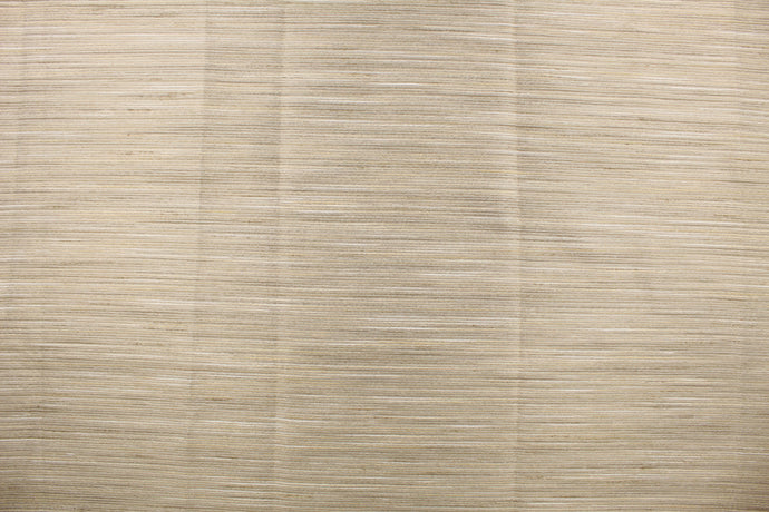  A mock linen has a very thin stripe design in beige, tan and white with a slight shine.