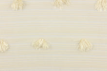 Load image into Gallery viewer, This sheer fabric features a stripe and dot tassel design in a creamy white. 
