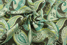 Load image into Gallery viewer, This fabric features a paisley design in brown, gray, white, lime green, turquoise, teal and pale beige. 
