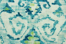Load image into Gallery viewer,  This fabric features an Aztec design in turquoise, lime green and white. 
