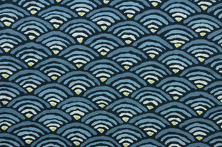  This fabric features an abstract geometric arch in blue, gray, and gold outlined in black.