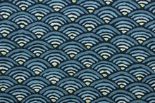 Load image into Gallery viewer,  This fabric features an abstract geometric arch in blue, gray, and gold outlined in black.
