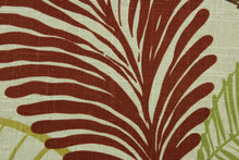 Load image into Gallery viewer, This fabric features a botanical leaf design in brown, turquoise, brunt orange, olive green, and yellow set against a beige background.

