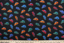 Load image into Gallery viewer, This fabric features multi colored cars in red, blue, green, purple and orange on a black background.  It has a nice soft hand and would be great for quilting, crafting and home decor.  
