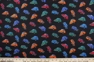 This fabric features multi colored cars in red, blue, green, purple and orange on a black background.  It has a nice soft hand and would be great for quilting, crafting and home decor.  